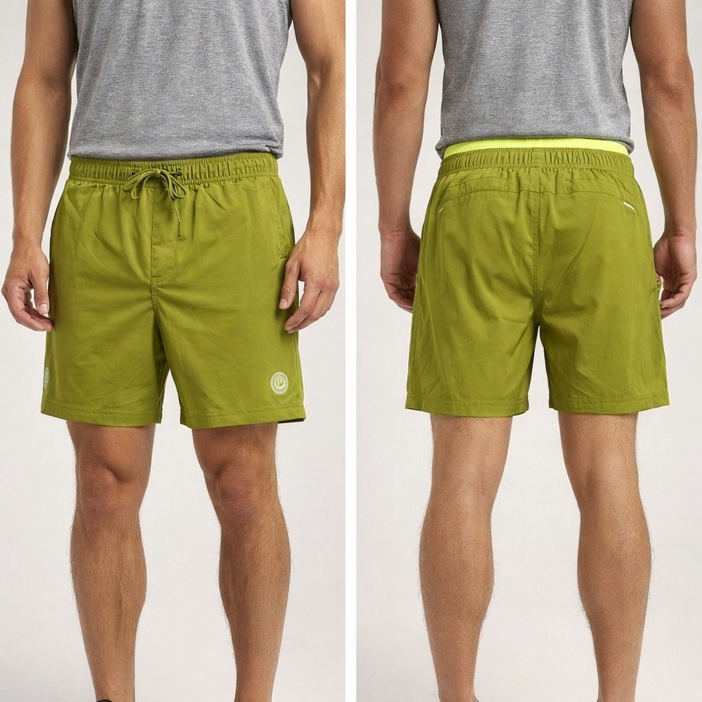 Podio Mens 2-in-1 Running Shorts Olive Green Neon Yellow Lined Athletic Size M